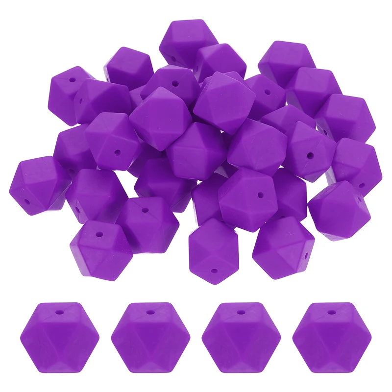50 Pcs Silicone Beads, 17mm Loose Hexagon Rubber Focal Beads, Purple