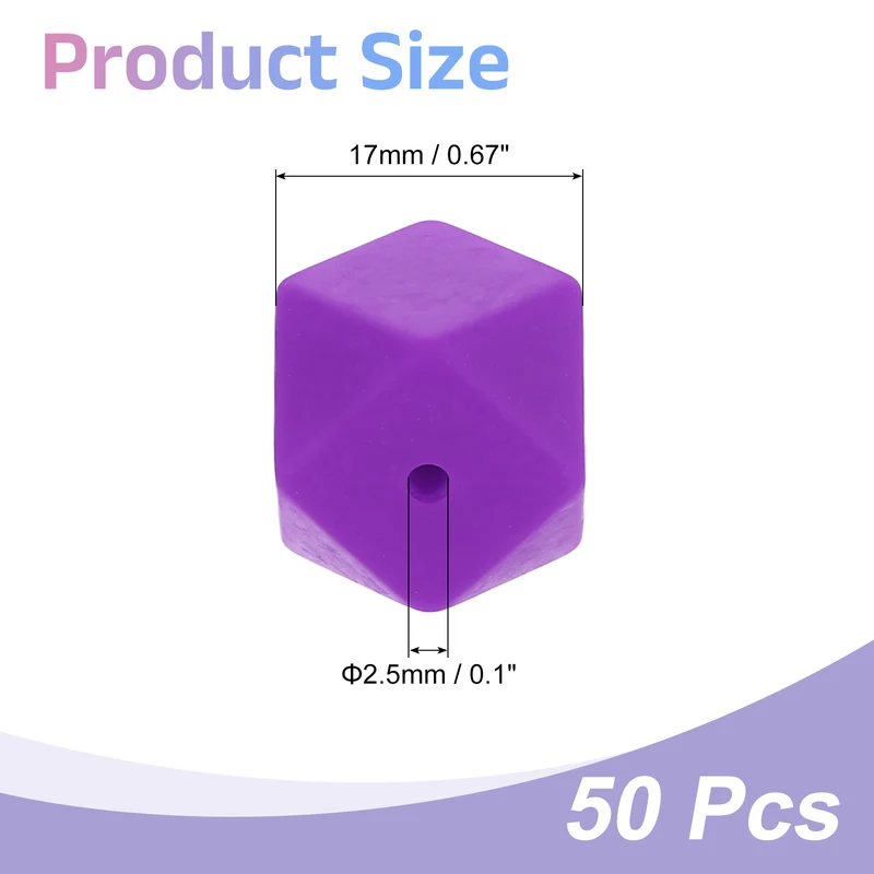 50 Pcs Silicone Beads, 17mm Loose Hexagon Rubber Focal Beads, Purple