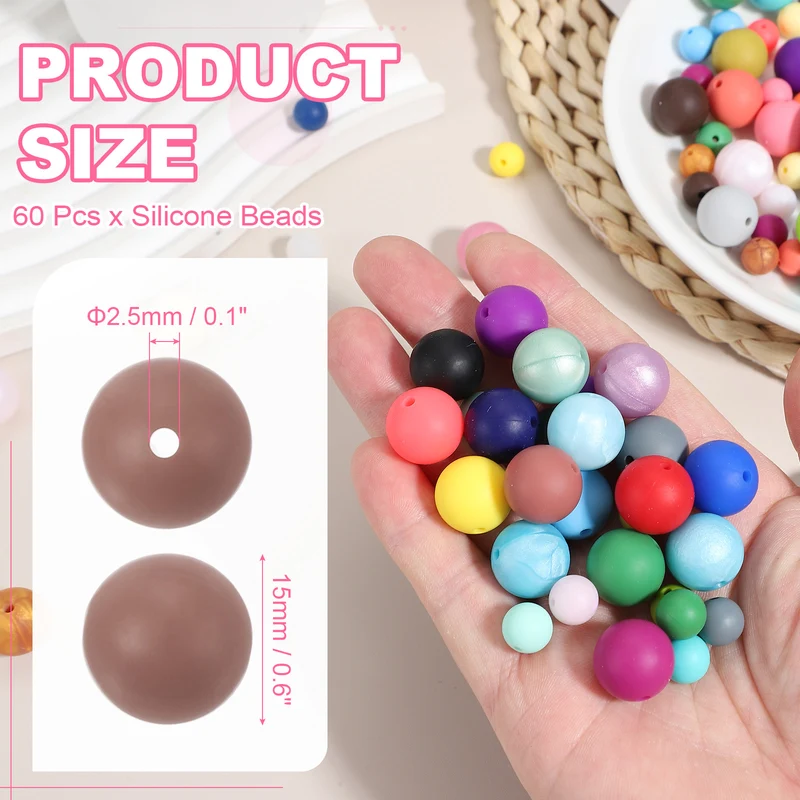60 Pcs Silicone Beads, 15mm Bulk Beads for Keychain Making, Light Brown
