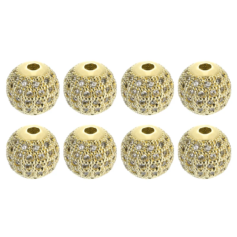 Charm Rhinestone Beads, 8Pcs - 10mm Round Zircon Pave Beads (White - Gold)