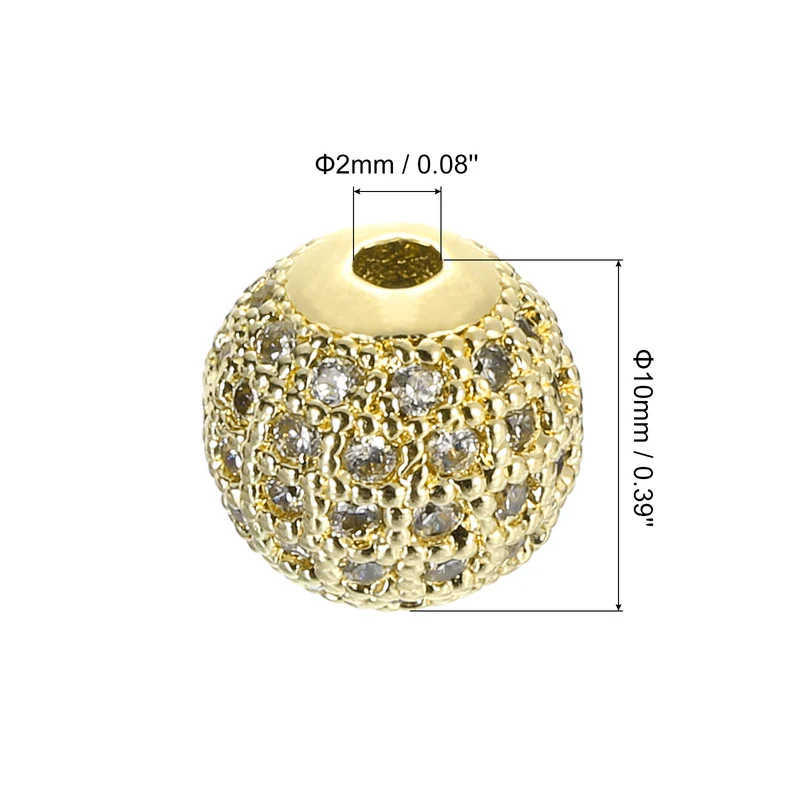 Charm Rhinestone Beads, 8Pcs - 10mm Round Zircon Pave Beads (White - Gold)