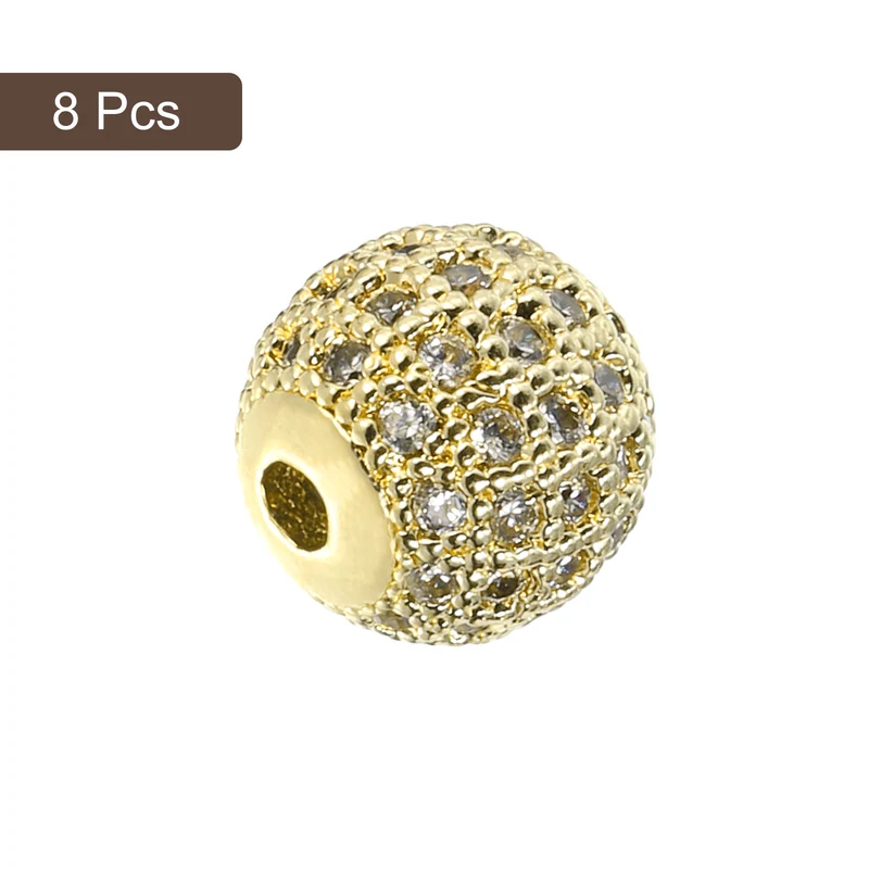 Charm Rhinestone Beads, 8Pcs - 10mm Round Zircon Pave Beads (White - Gold)