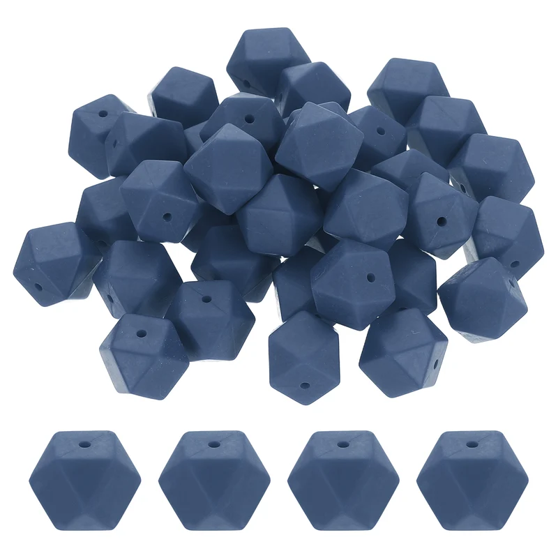 50 Pcs Silicone Beads, 17mm Loose Hexagon Rubber Focal Beads, Navy Blue