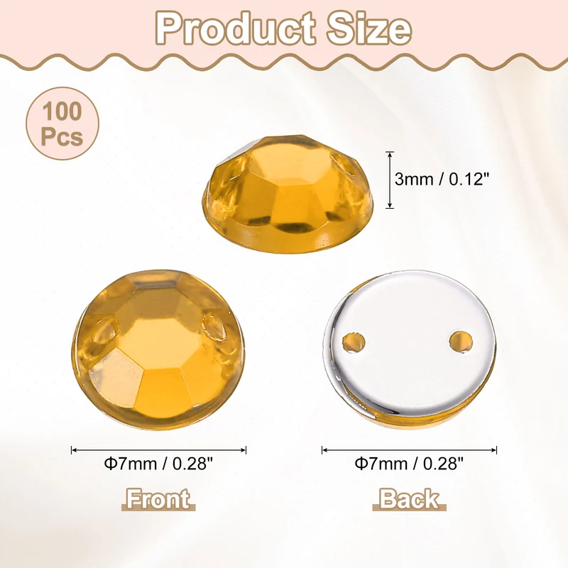 100Pcs Flat Back Sew on Rhinestones Beads, 7mm Crystal Round Gems, Golden Yellow