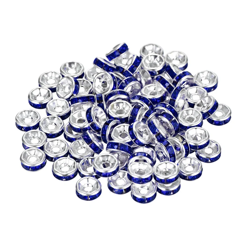 80Pcs 6mm Silver Plated Rhinestone Rondelle Spacer Beads, Sapphire Blue