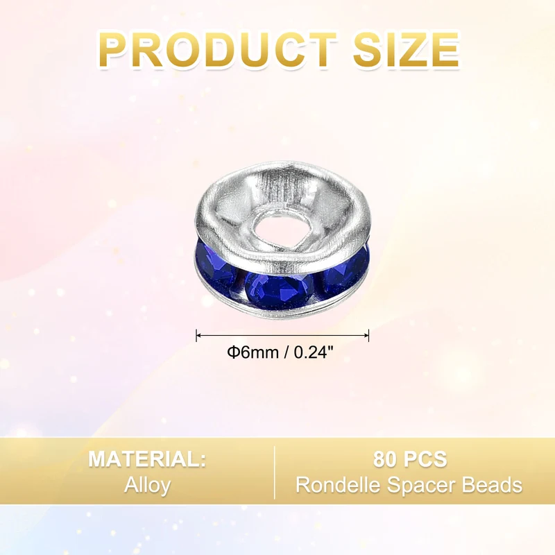 80Pcs 6mm Silver Plated Rhinestone Rondelle Spacer Beads, Sapphire Blue