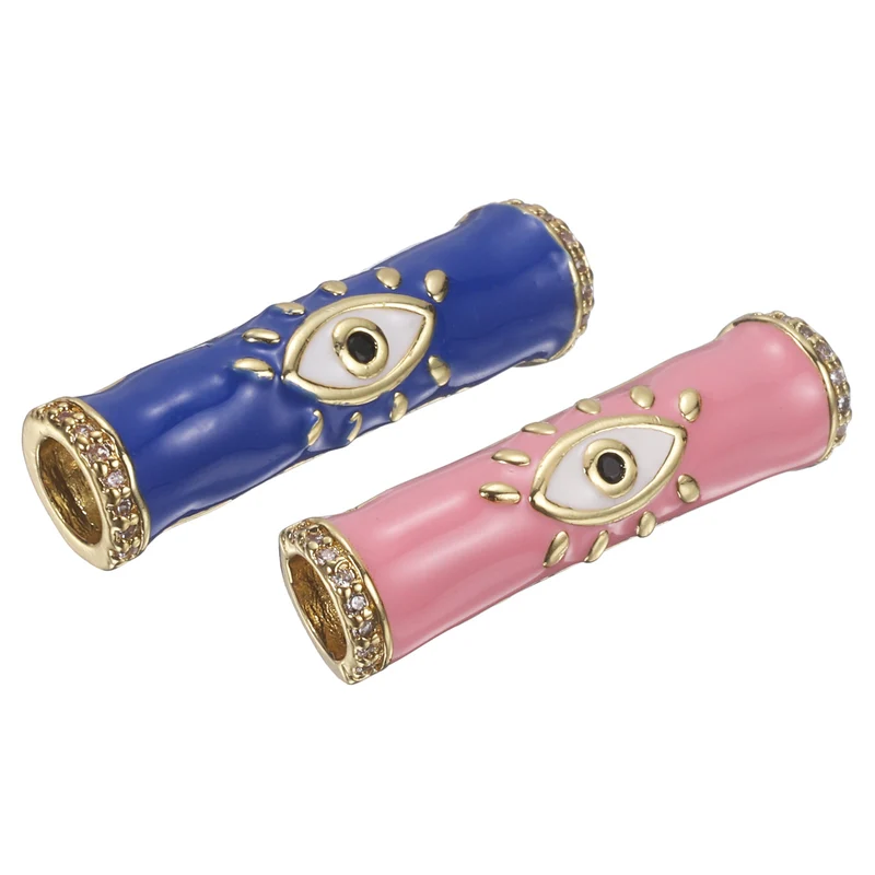 2 Pcs Long Tube Bead, Turkish Evil Eye Spacer, Pink/Dark Blue