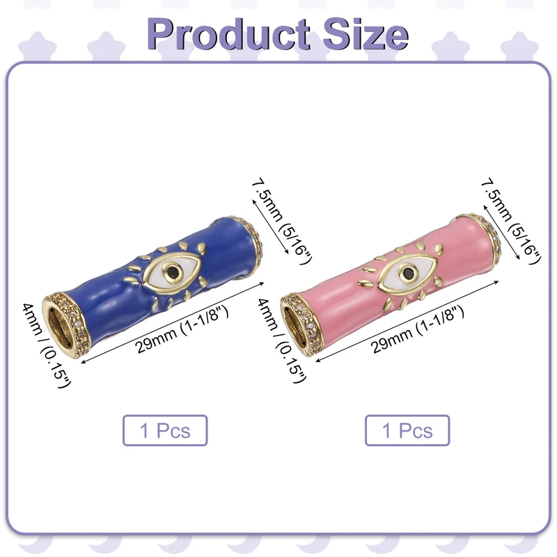 2 Pcs Long Tube Bead, Turkish Evil Eye Spacer, Pink/Dark Blue