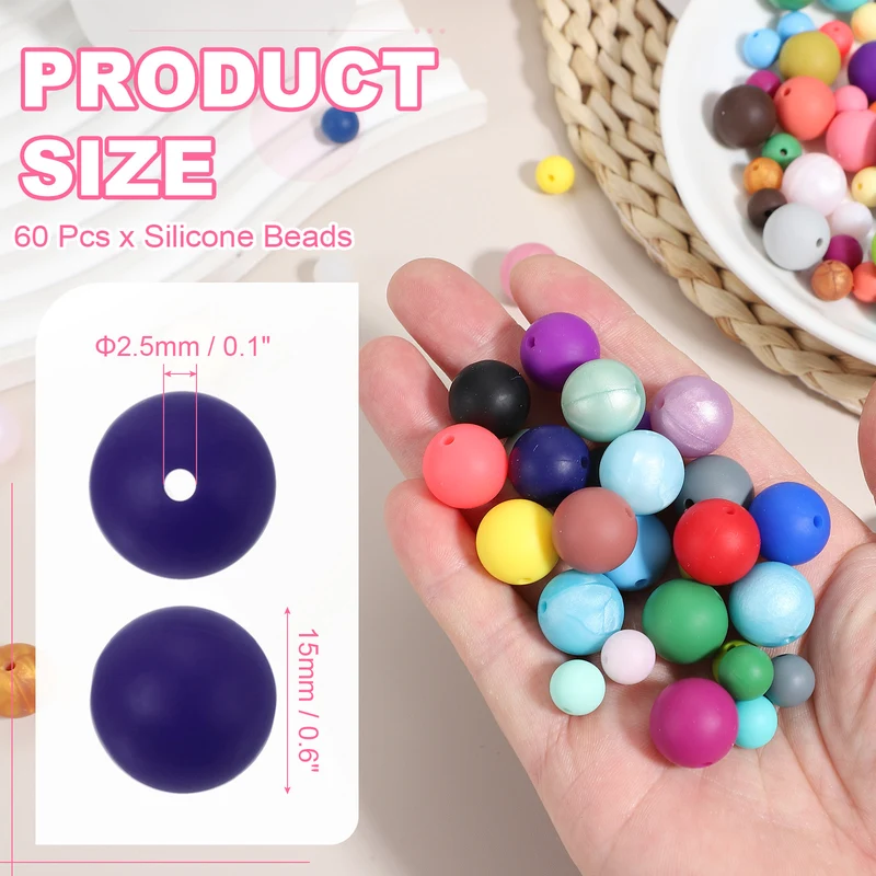 60 Pcs Silicone Beads, 15mm Bulk Beads for Keychain Making, Navy Blue