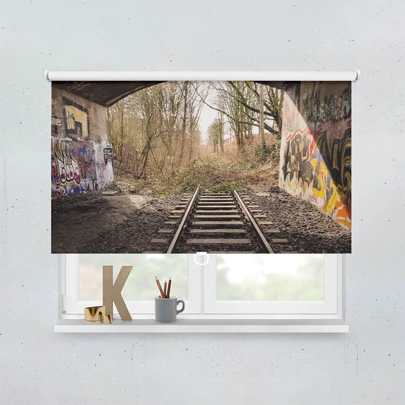 Springrollo Motiv "Bahnschienen Endstation"