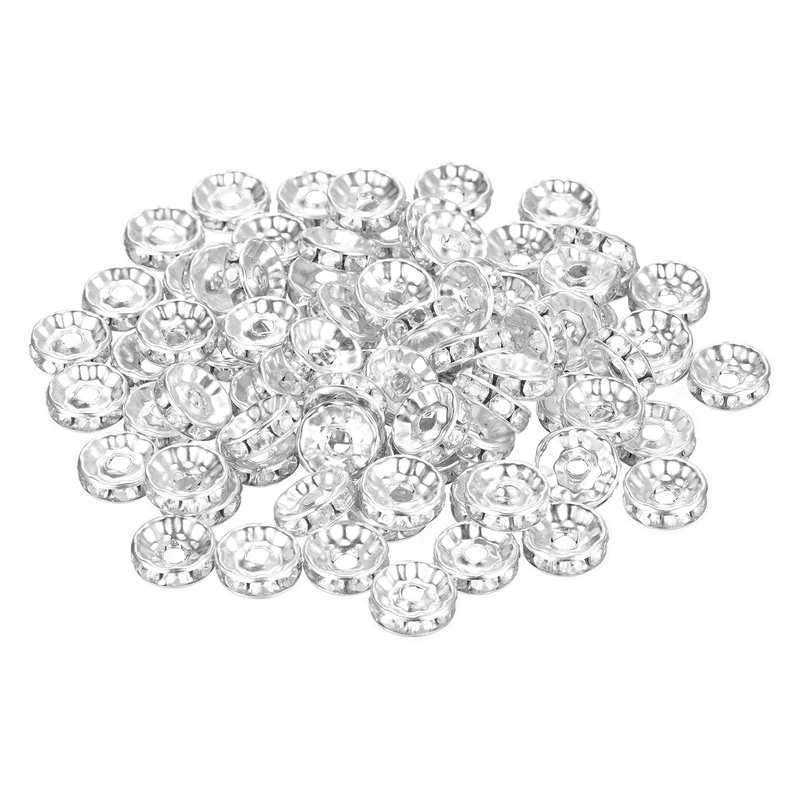 80Pcs 10mm Silver Plated Rhinestone Rondelle Spacer Beads, Silver