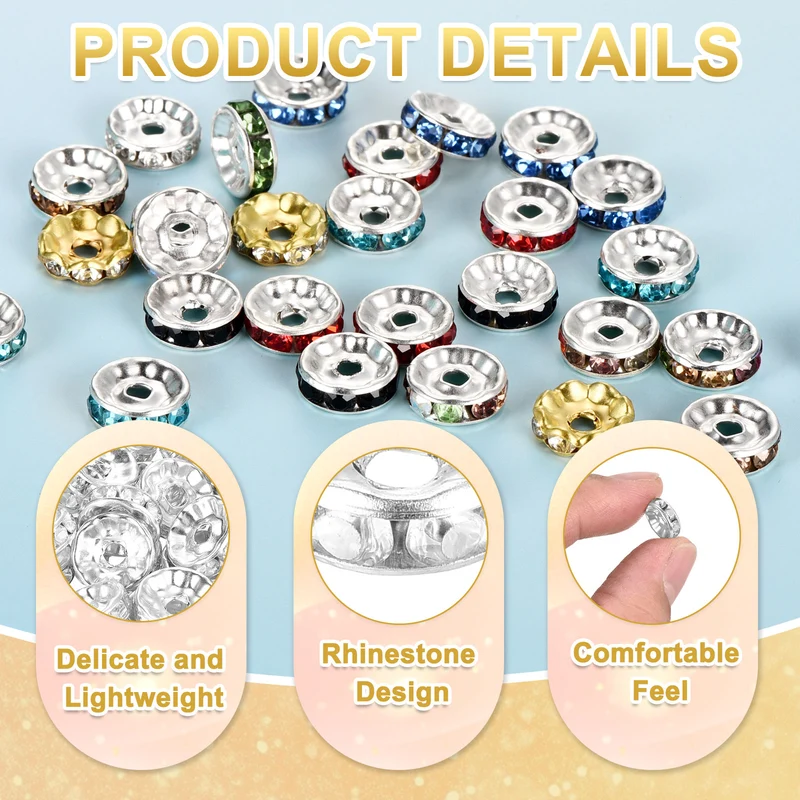 80Pcs 10mm Silver Plated Rhinestone Rondelle Spacer Beads, Silver