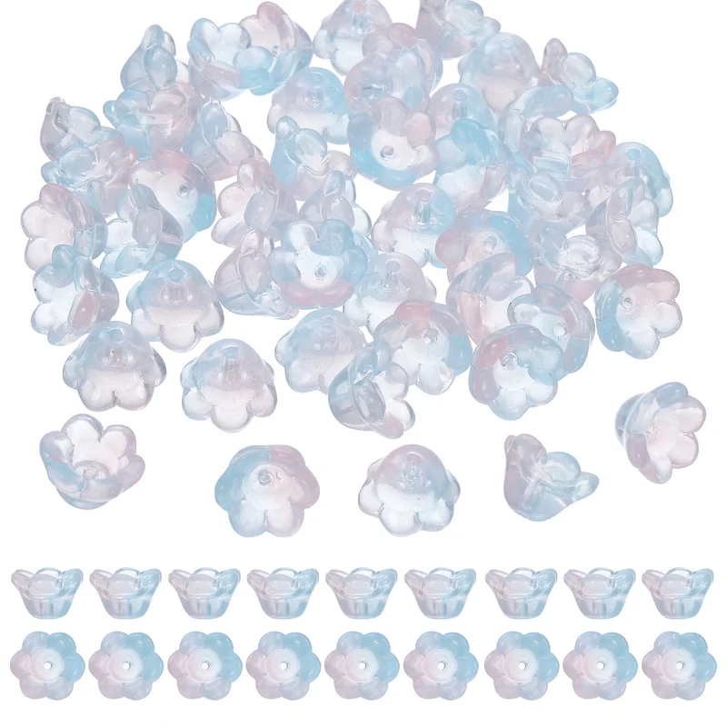 100 Pcs Glass Flower Beads for Jewelry Making, Loose Bead Charm, Light Pink/Blue
