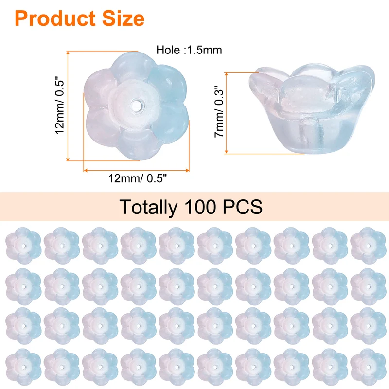 100 Pcs Glass Flower Beads for Jewelry Making, Loose Bead Charm, Light Pink/Blue