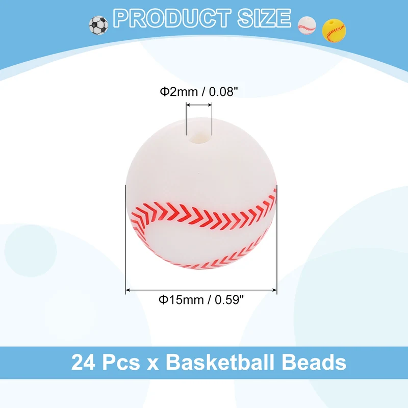 24Pcs Sports Ball Beads 15mm Silicone Round Spacer Focal Bead White Baseball