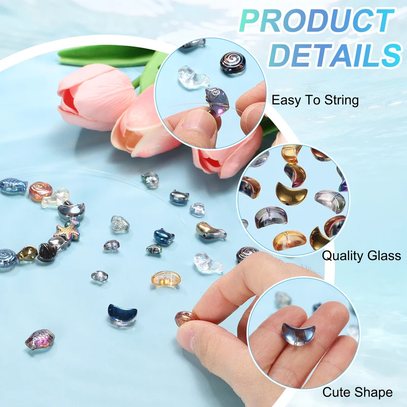 120Pcs Moon Glass Beads, Glass Moon Bead, Multicolor