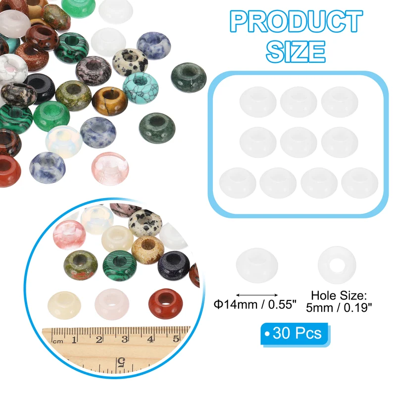 30 Pcs Natural Gemstone Beads, Large Hole Rondelle Beads Loose European Crystal Beads Pack for Jewelry Bracelet DIY Craft, 14 x 8 MM, White Stone