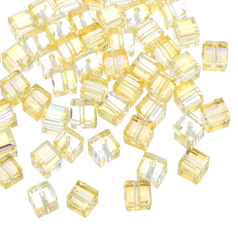 50Pcs Cube Crystal Glass Beads, 8mm Sparkle Faceted Loose Bead (Yellow)