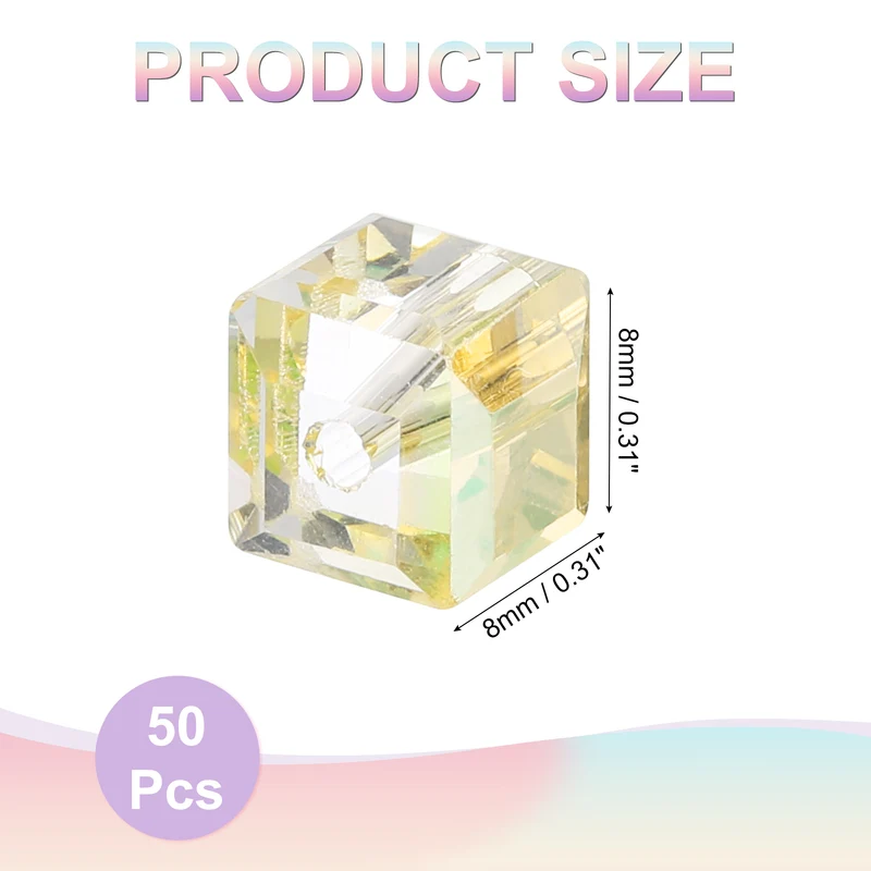 50Pcs Cube Crystal Glass Beads, 8mm Sparkle Faceted Loose Bead (Yellow)