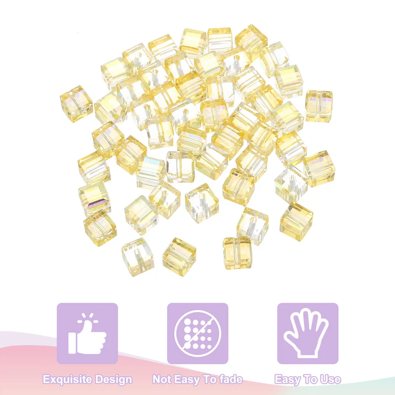 50Pcs Cube Crystal Glass Beads, 8mm Sparkle Faceted Loose Bead (Yellow)