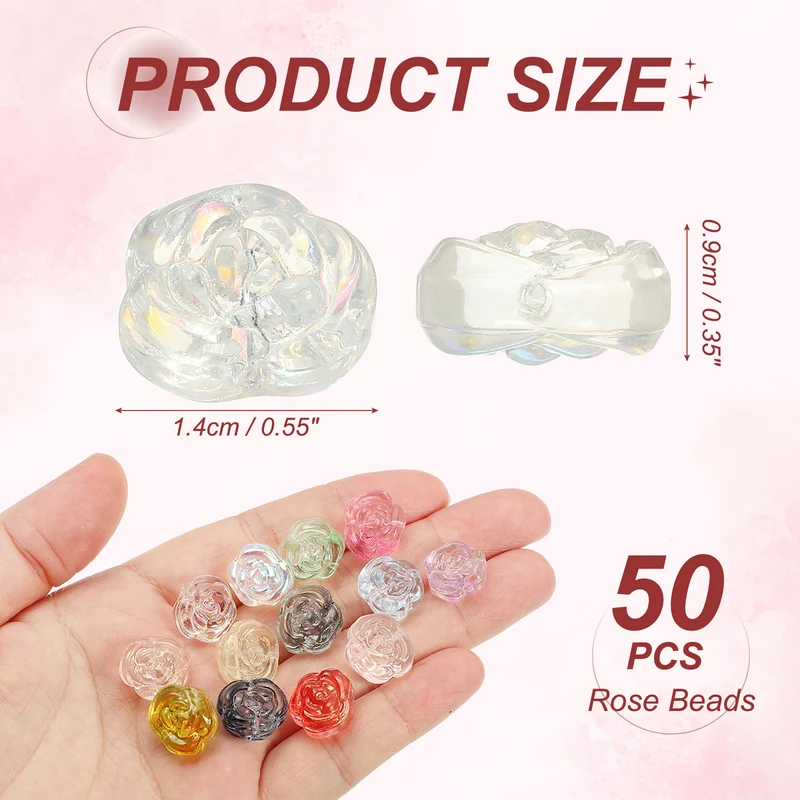 50Pcs Rose Beads 0.55" Glass Flower Rose Charm White