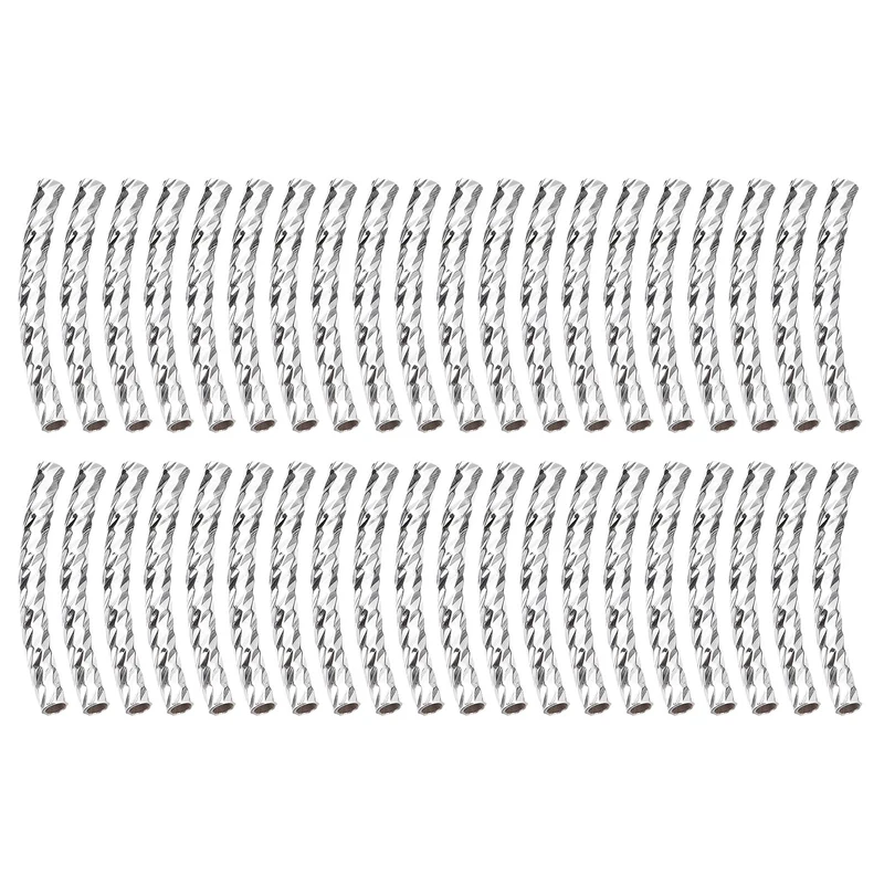 60Pcs Brass Curved Tube Beads, 2x20mm Noodles Spacer Bead, Silver White