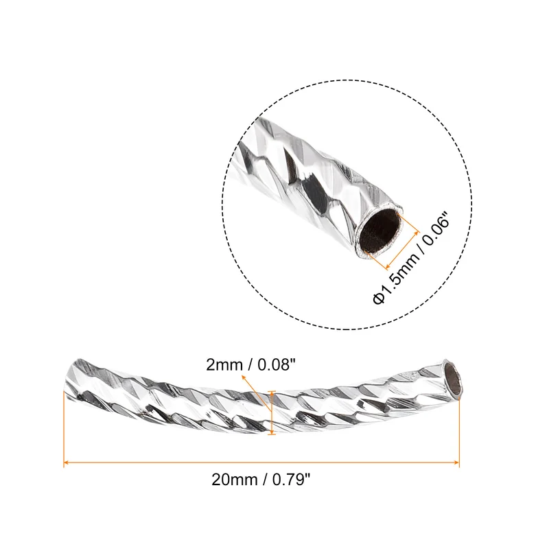 60Pcs Brass Curved Tube Beads, 2x20mm Noodles Spacer Bead, Silver White
