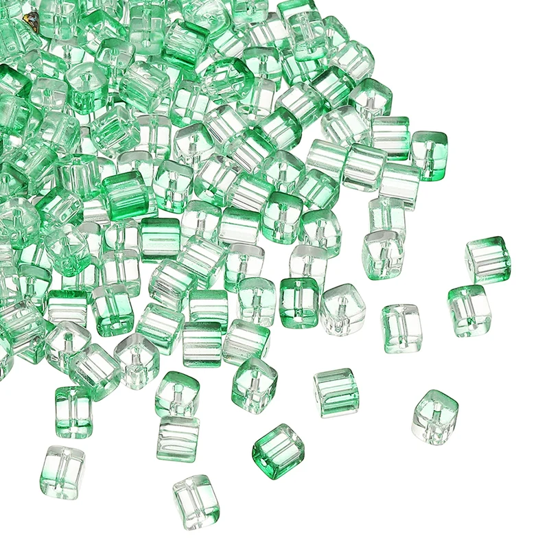 200 Pcs Crystal Cube Beads, 7mm Faceted Square Spacer Beads, Green