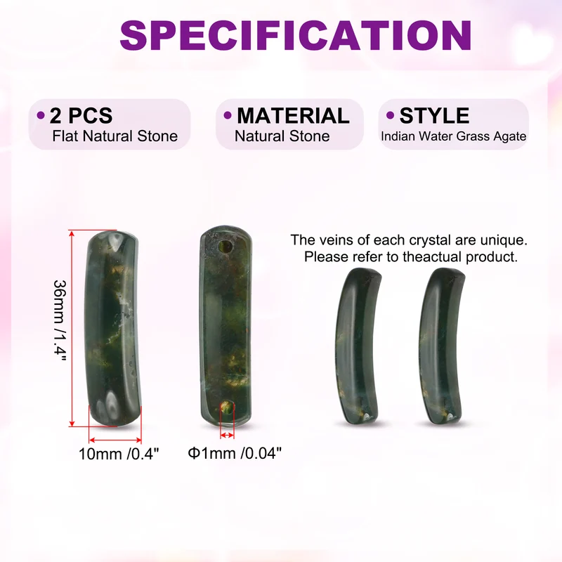 2 Pcs Natural Stone, 36 x 10 mm Natural Curved Clear Quartz Stone Crystal Handmade Jade Flat Beads for DIY Crafting, Indian Water Grass Agate