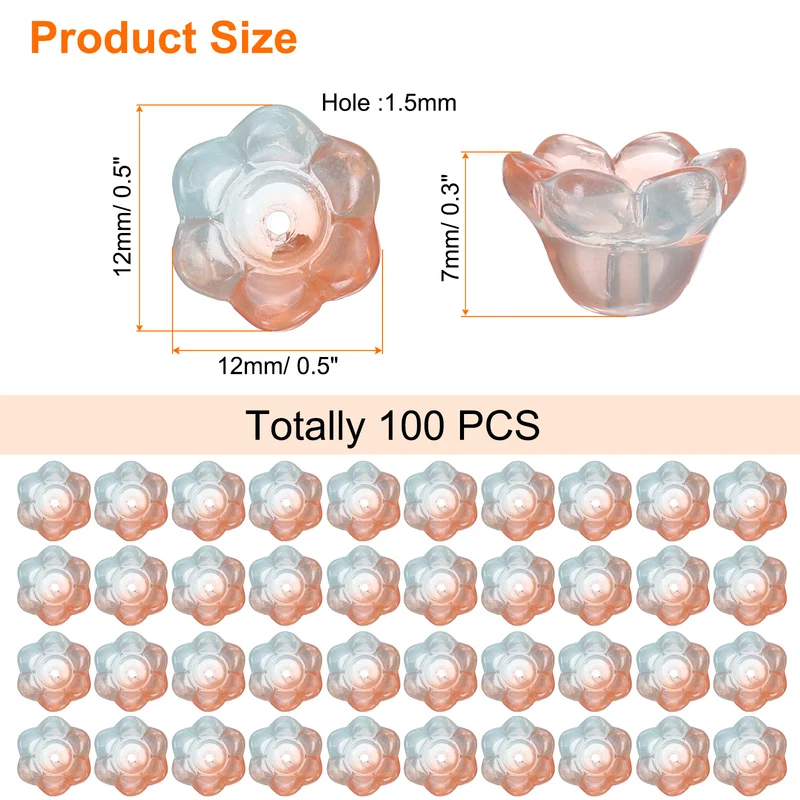 100 Pcs Glass Flower Beads for Jewelry Making, Loose Bead Charm, Orange/Blue