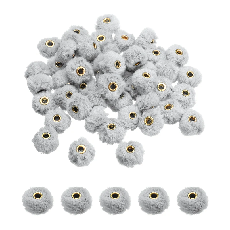 50Pcs Pom Pom Beads, Faux Fur Fuzzy Spacers Bead with 4mm Hole, Gray