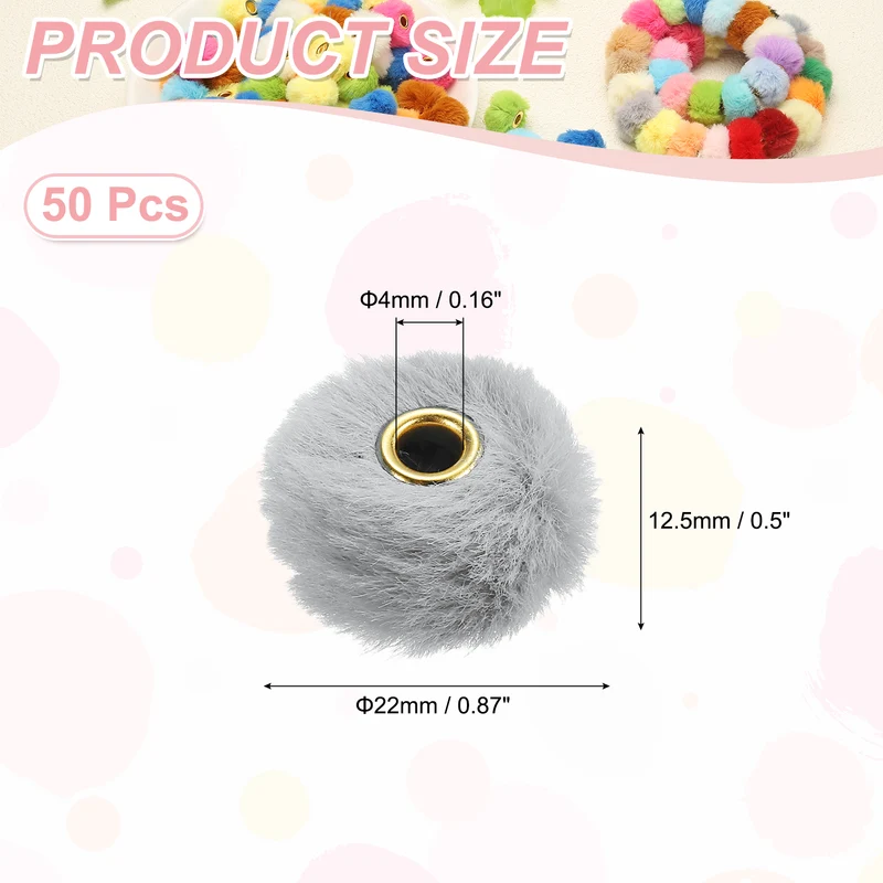 50Pcs Pom Pom Beads, Faux Fur Fuzzy Spacers Bead with 4mm Hole, Gray