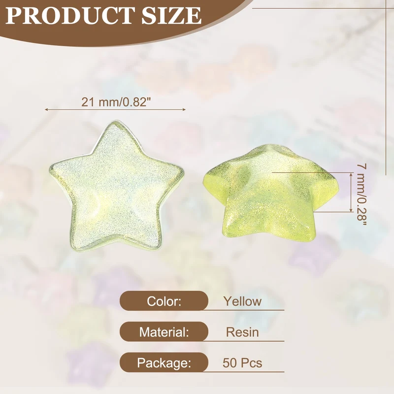 50 Pcs Flat Back Resin Star Beads, Glitter Star Charm, Yellow