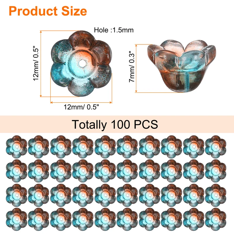 100Pcs Glass Flower Beads for Jewelry Making Loose Bead Charm Orange/Dark Blue