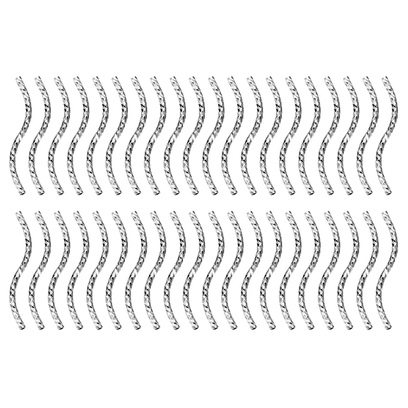 40Pcs Brass Curved Tube Beads, 1.5x30mm S Shape Plating Noodles Spacer Bead for Jewelry Craft Making, Silver White