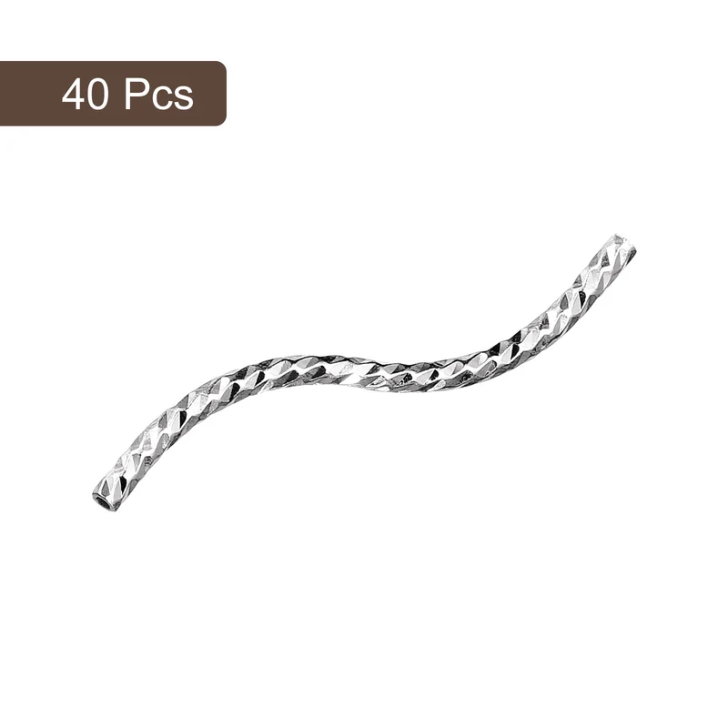40Pcs Brass Curved Tube Beads, 1.5x30mm S Shape Plating Noodles Spacer Bead for Jewelry Craft Making, Silver White