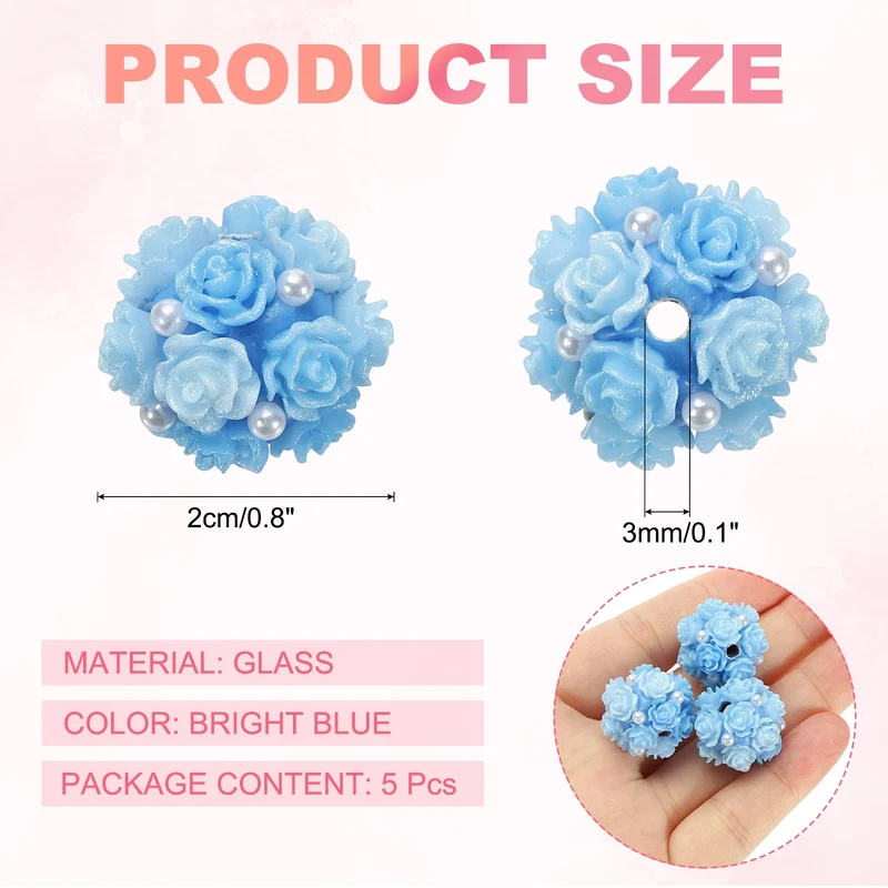 5 Pcs Rhinestone Focal Beads for Pens, 0.8" Glass Flower Beads, Bright Blue