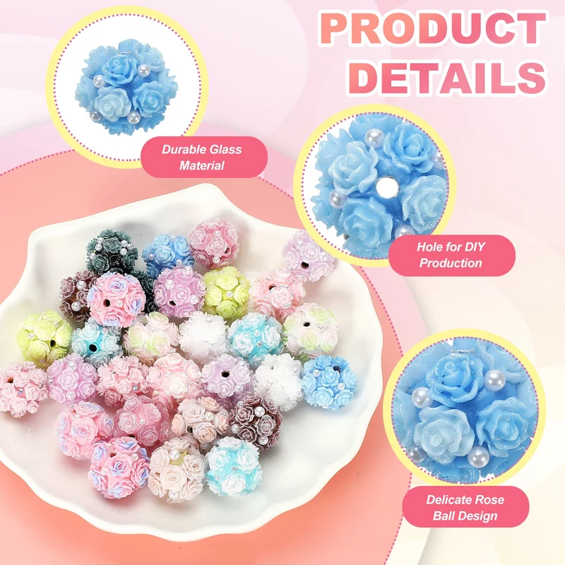 5 Pcs Rhinestone Focal Beads for Pens, 0.8" Glass Flower Beads, Bright Blue