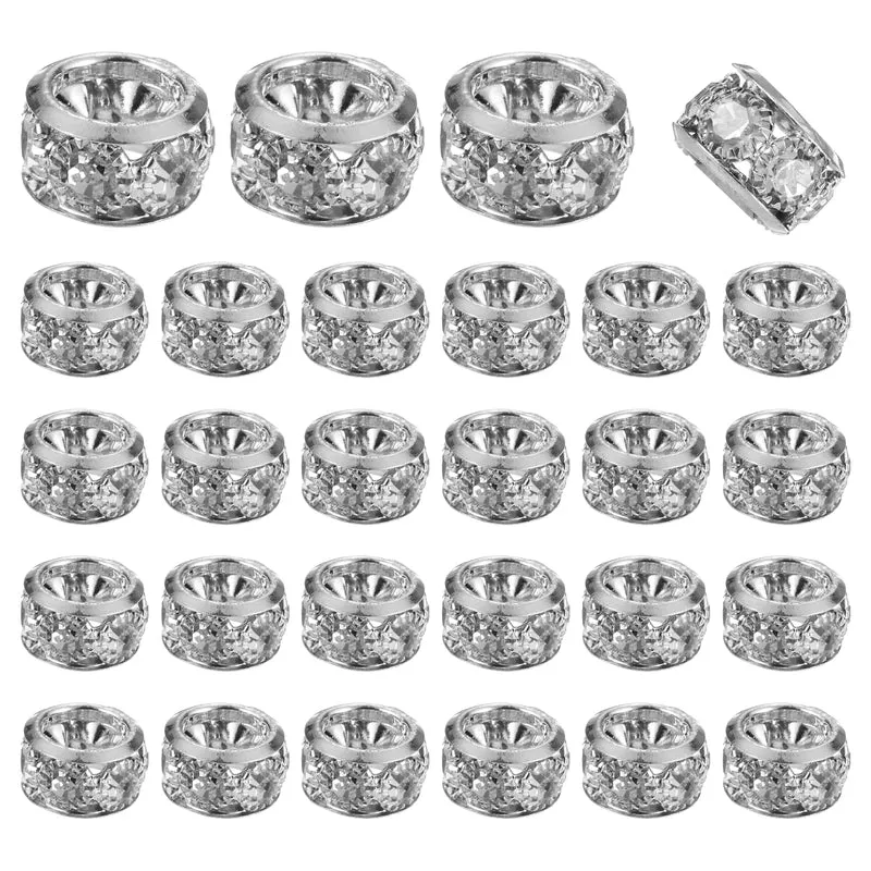 40 Pcs 12mm Large Hole Rhinestone Beads, European Bulk Spacer Bead (Silver)