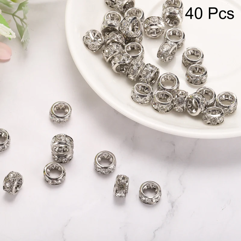 40 Pcs 12mm Large Hole Rhinestone Beads, European Bulk Spacer Bead (Silver)