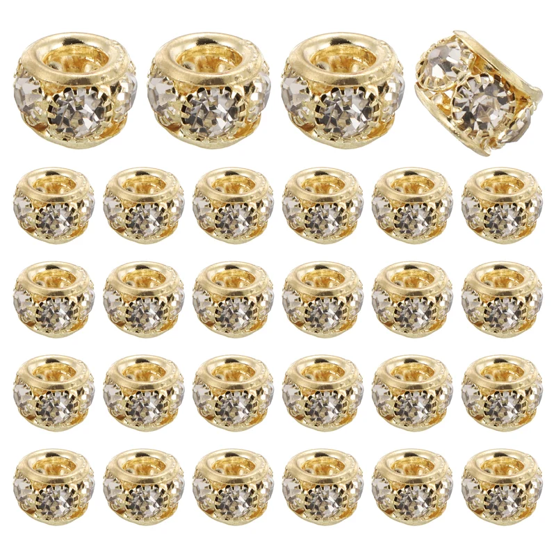 40Pack 8mm Large Hole Rhinestone Beads European Bulk Spacer Bead Gold