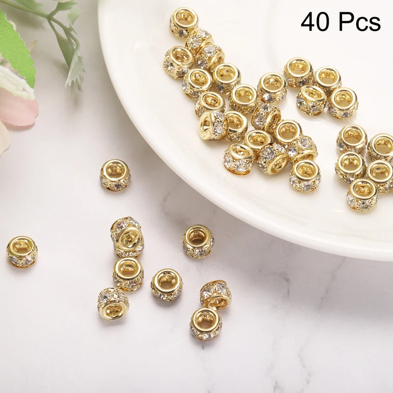 40Pack 8mm Large Hole Rhinestone Beads European Bulk Spacer Bead Gold