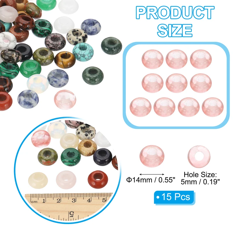 15 Pcs Natural Gemstone Beads, Large Hole Rondelle Beads Loose European Crystal Beads Pack for Jewelry Bracelet DIY Craft, 14 x 8 MM, Pink Red