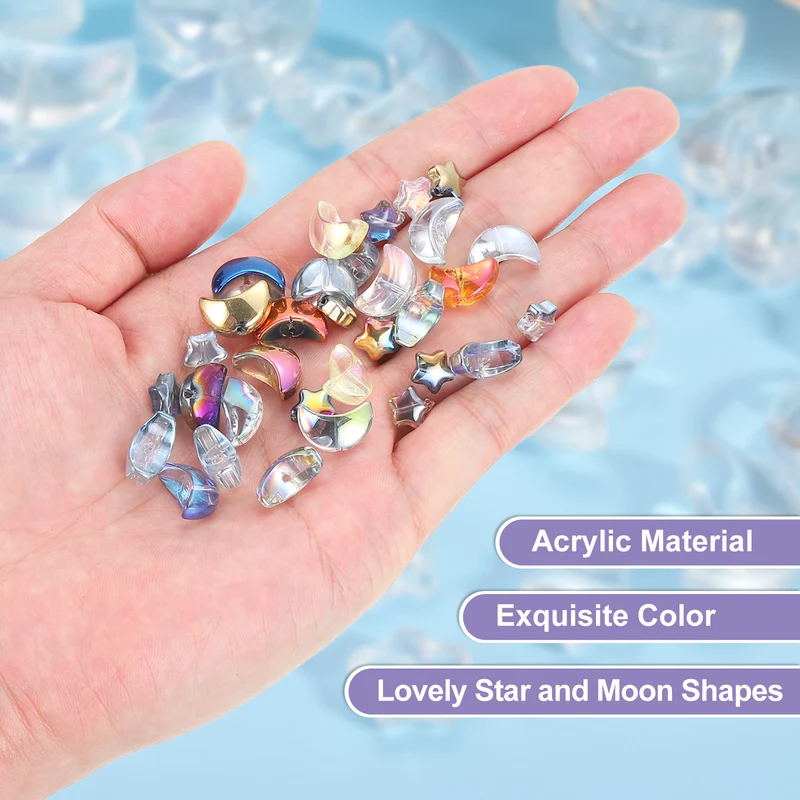 60Pcs Star Moon Shaped Beads, 2 Style Acrylic Spacer Beads White Purple