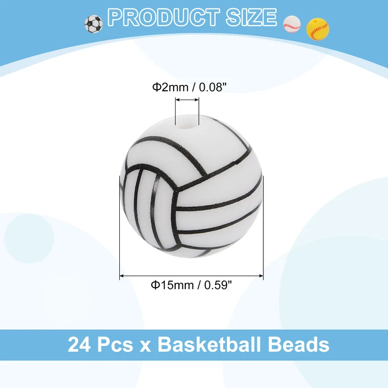 24Pcs Sports Ball Beads 15mm Silicone Round Spacer Focal Bead Volleyball