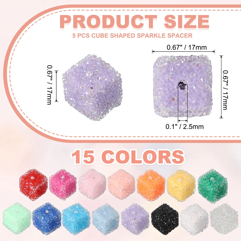 5 Pcs Square Rhinestone Beads for Pens, 17mm Sugar Beads for DIY, Lavender