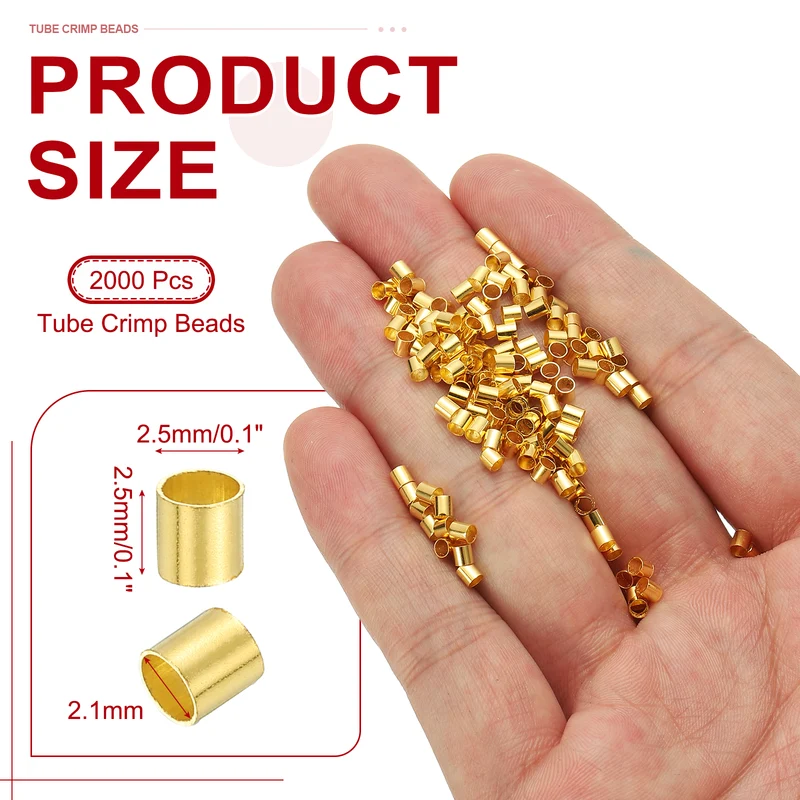 2000 Pcs Tube Crimp Beads, 2.5x2.5mm Crimp Beads for Jewelry Making, Gold