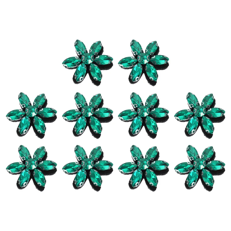 10Pcs Handmade Flower Beaded Patches, Glass Crystal Appliques, Green