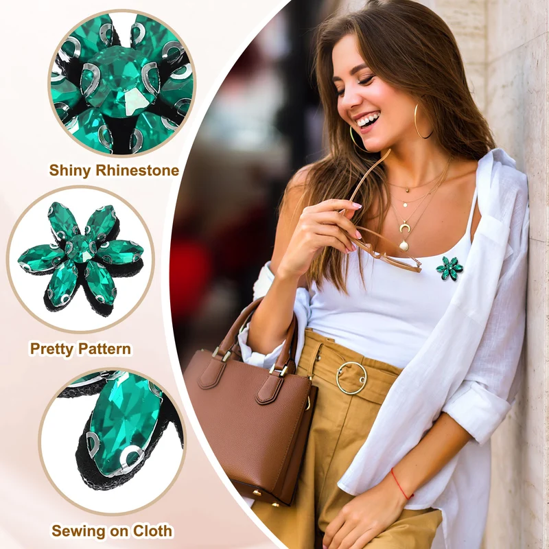 10Pcs Handmade Flower Beaded Patches, Glass Crystal Appliques, Green
