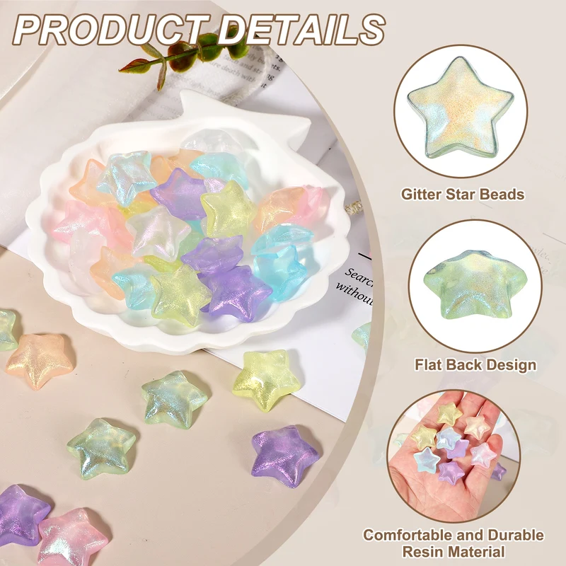 50 Pcs Flat Back Resin Star Beads, Glitter Star Charm, Green